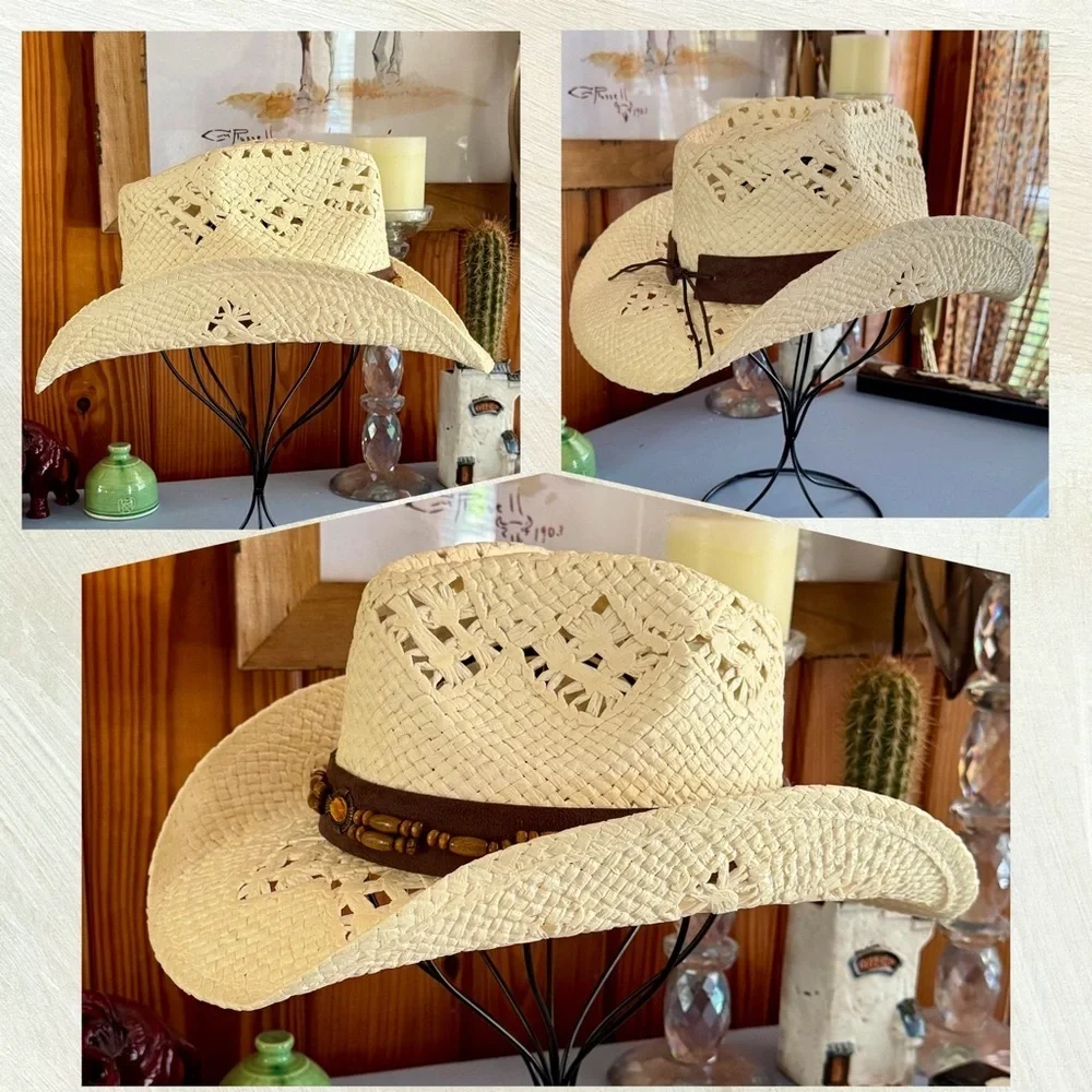 Women’s Straw Cowboy Hat Amber and Wooden Bead Western Drifter